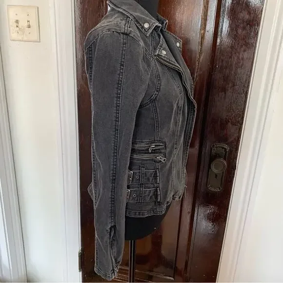 SPRING Free people black denim wash moto zip jacket size 2 goth industrial - Picture 7 of 10